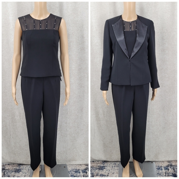 Jessica Howard Black Satin Trim Blazer Pantsuit 3 Piece Blousr Pants Jacket - Picture 13 of 16